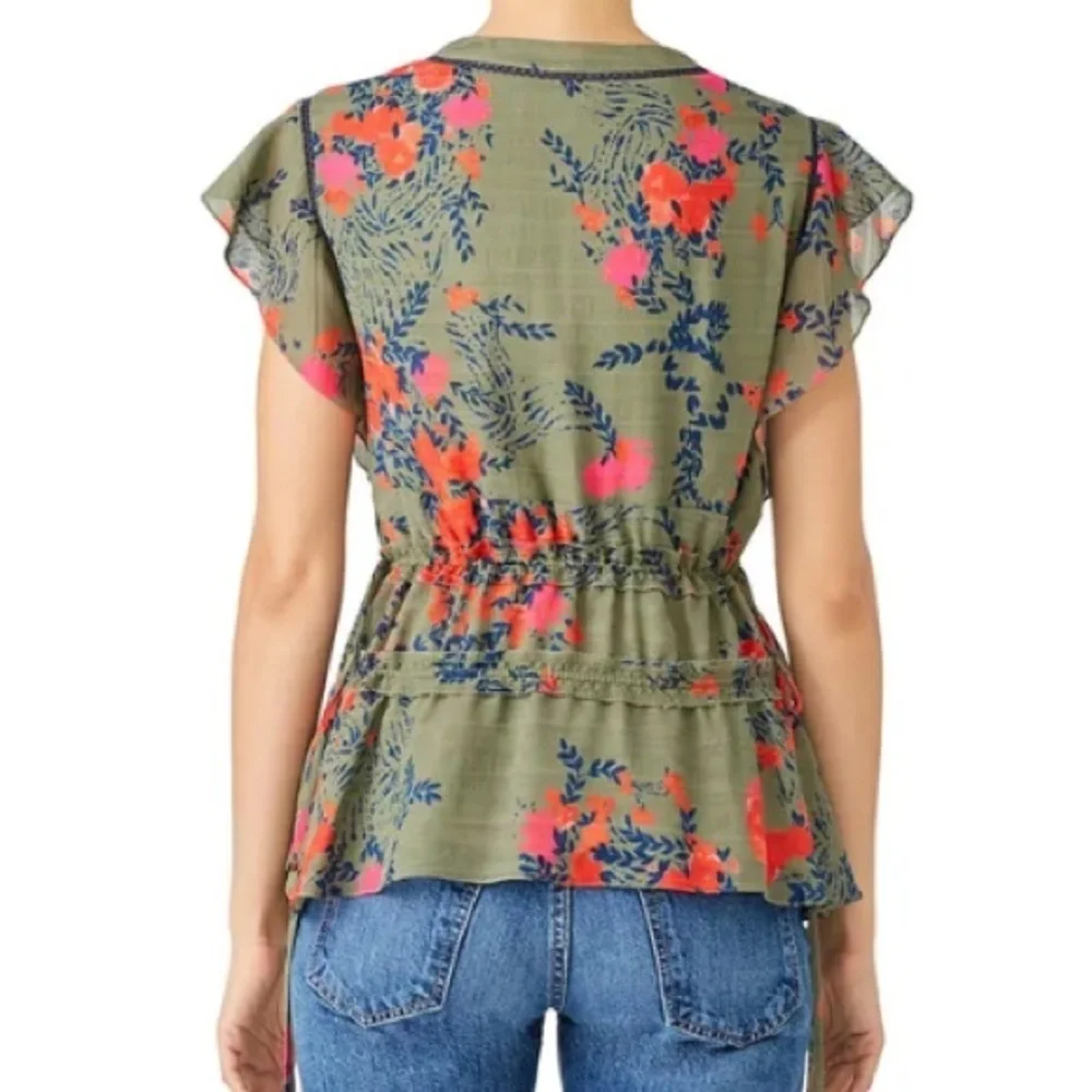 Tanya Taylor “Antia” silk floral green, red and blue v-neck blouse. Size 2 - Picture 4 of 8